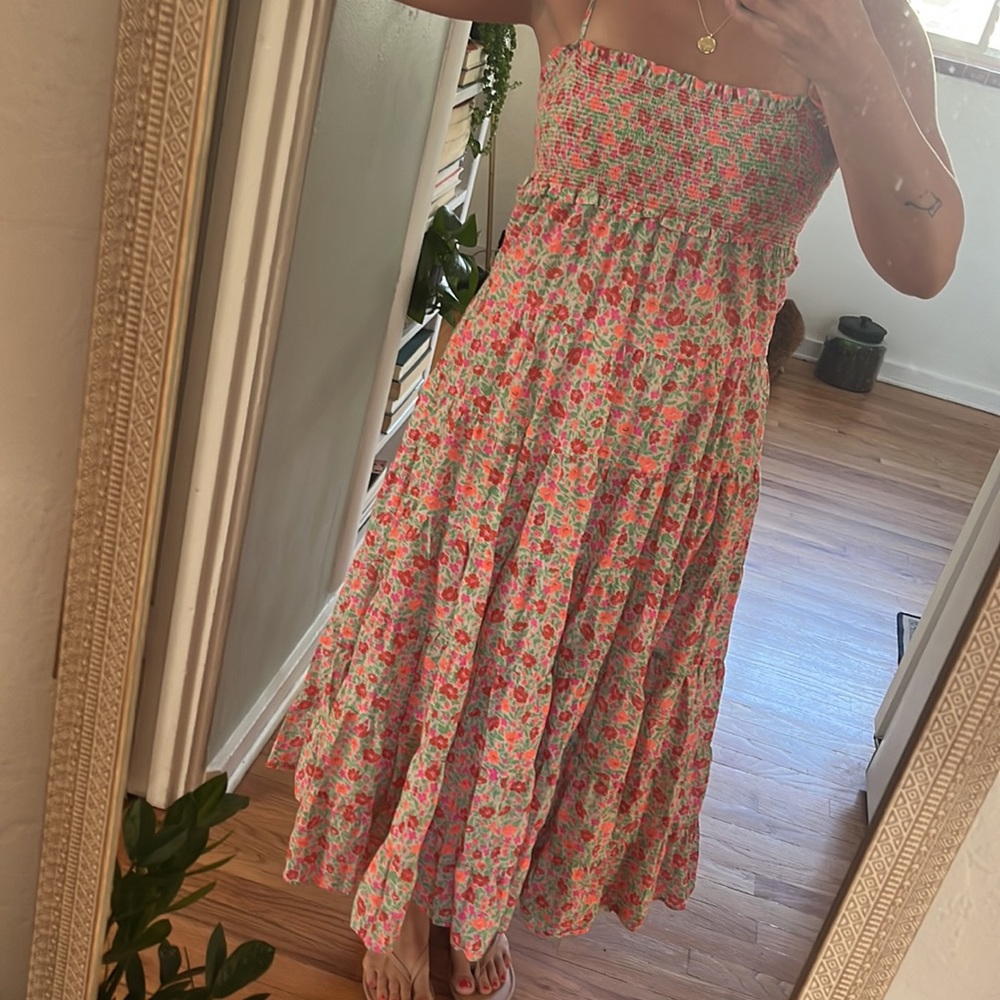 J-Crew neon floral tiered maxi with tie straps